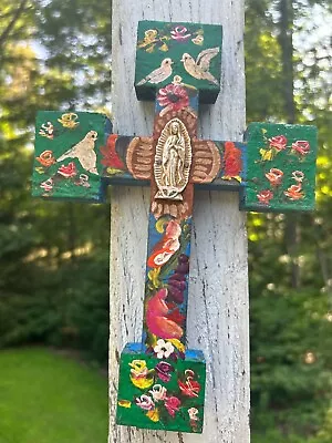 Painted Wood Cross Mexico Handmade Milagro 9x6 Virgen Guadalupe Virgin Mary A16 • $26.90