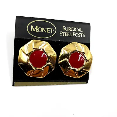 Monet Vintage Gold Toned Red Enamel Octagon Shaped Pierced Earrings Signed Nice • $11.99