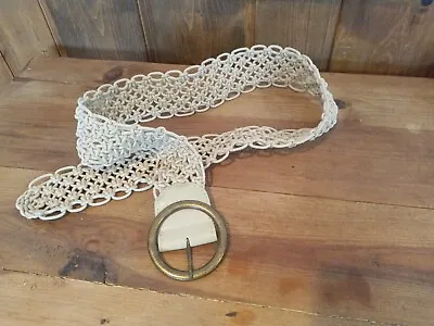 Vintage 70s Or 80s Beige Macrame Belt Brass Buckle Boho Gypsy OSFM • $14