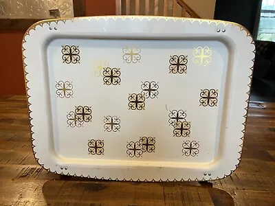 Vtg Mid Century Gold And White TV Metal Folding Snack Lap Bed Tray W Legs • $22