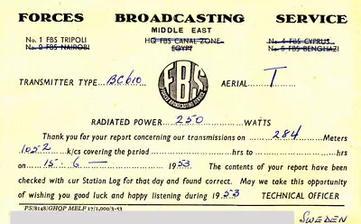 1953 QSL: Forces Broadcasting Service Tripoli Libya  Field Post Office 534  • $8