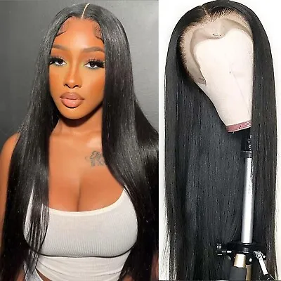 Natural Long Straight Lace Front Wigs Human Hair Pre Plucked Heat Safe Women • $19.90