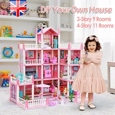 DIY Kids Doll House 4 Storey 11 Rooms With Furniture Mansion Playhouse Toy Gift • £19.98