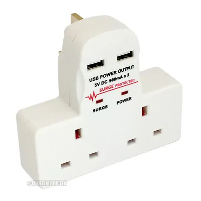 Double 2 Gang Socket With Twin 5v Usb Charger Ports 3 Pin Uk Mains Plug Adaptor • £8.37