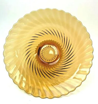 Amber Glass Serving Bowl With Starburst Bottom And Swirl Pattern Scalloped Edges • $15