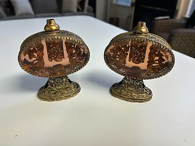 SET Of 2 VINTAGE GOLD ORMOLU Filigree PERFUME BOTTLES Beveled Glass NO STOPPERS • $24.99