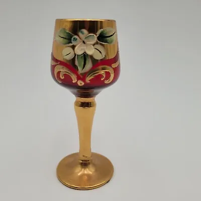 Murano? Ruby Red Italian Murano Glass Gold Leaf Floral Riesling Wine Shot Glass • $28.49