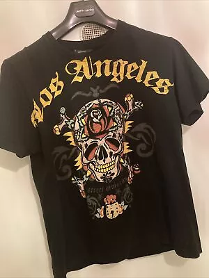 Los Angeles Cedar Wood State Skull N Bones  Mens Black Soft Velour T Shirt • £5.99