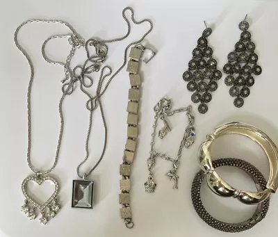 Vtg To Now 2 Necklaces Bracelet  Silver Earrings Rhinestones Glass Lot • $5