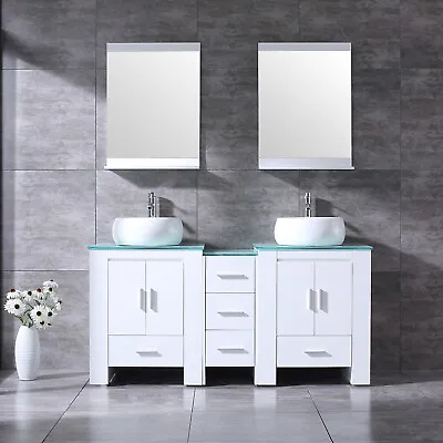 60  Bathroom Vanity With Sink White Cabinet Ceramic Vessel Sink Faucet Drain Set • $699.99