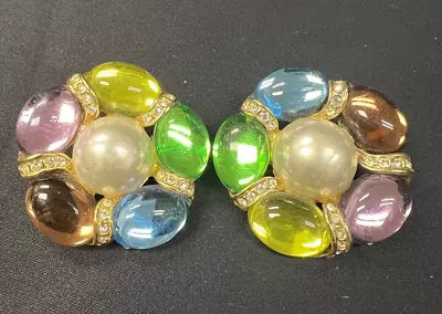 Park Lane Vintage Faux Pearl & Multi Color Cobochon Clip On Earrings • $12