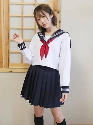 Three Lines Japanese School Girl Uniform Sailor Pleated Skirt Student Costume • $114.04