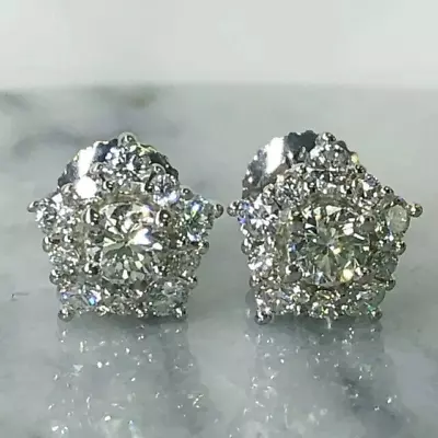 3Ct Round Cut Real Moissanite Halo Cluster Stud Earrings 14K White Gold Plated • $116.24