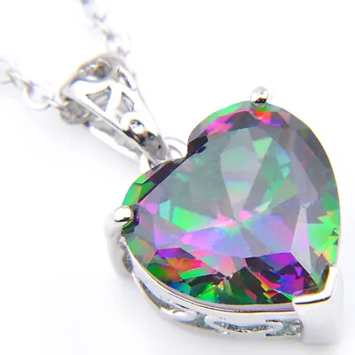 Love Heart Rainbow Mystic Fire Topaz Gems Vintage Silver Heart Necklace Pendants • $5.99