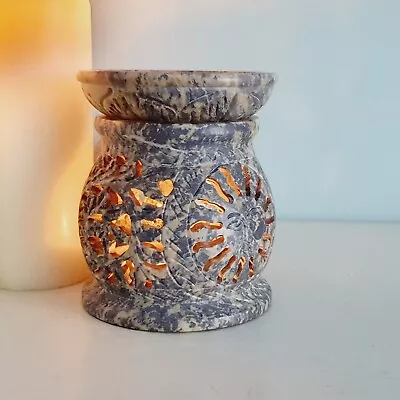 Soapstone Oil Burner Wax Warmer Tea Light Aroma Lamp Diffuser Grey Carved Sun • £11.90