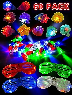 $24.99 • Buy 60 Pieces LED Light Up Toy Party Favor Pack Finger Lights Pump Rings LED Glasses