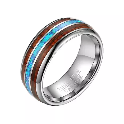 Mens 8mm Blue Opal Inlay Tungsten Wedding Ring With Hawaii Koa Wood Domed Band • $15.99