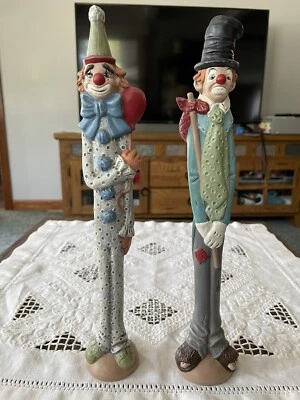 $19.99 • Buy 2 Vintage Ceramic Clowns 1992 HandPainted 11 1/2” Tall  Figurines Hobo Balloon