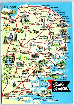 Postcard Map East Anglia England • £2
