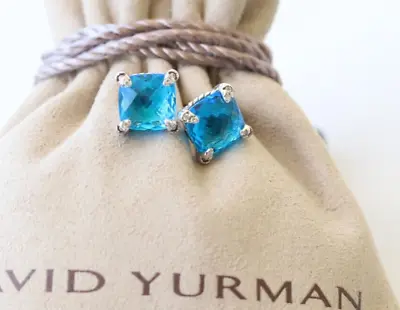David Yurman Sterling Silver 9mm Chatelaine Stud Earrings Blue Topaz & Diamonds • $375