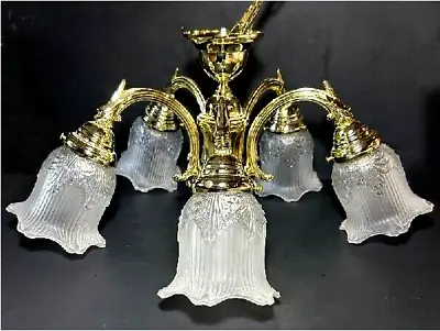 Vtg 5 Arm Chandelier Ceiling Light Fixture Frosted Clear Tulip Bell Glass Shades • $80