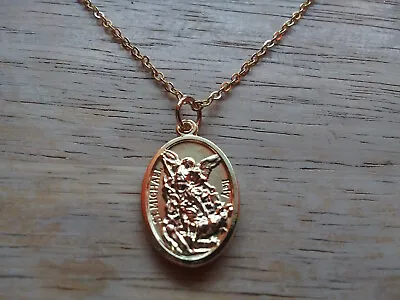 14K Gold Plated Saint St Michael+ Guardian Angel Medal Italy 20  Chain Necklace • $10