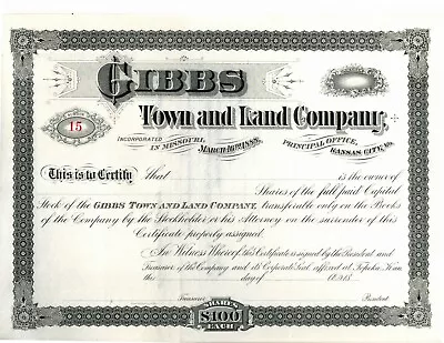 Gibbs Town & Land Co. Incorporated In Missouri / Kansas City Mar. 16 1888 • $9.99