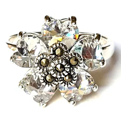 (SIZE 678) Heart-Shaped CZ Stones FLOWER RING Marcasite .925 STERLING SILVER • $22