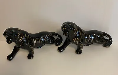 1 PAIR Of Vintage 50’s Stalking Black Panther Tiger Cats 12  Ceramic Figure. • $49.95