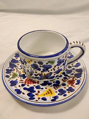 Deruta Italy GirasolePottery Coffee Tea Mug Cup Saucer Blue Floral Yellow Bird  • $38.50