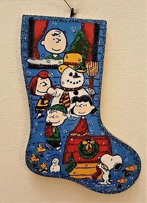 BLUE STOCKING W/ PEANUTS SNOOPY CHARLIE * Glitter CHRISTMAS ORNAMENT * Vtg Img • $10.50