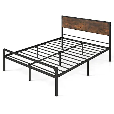 Queen Size Industrial Slatted Bed Frame Metal Platform Bed With Headboard • £98.95