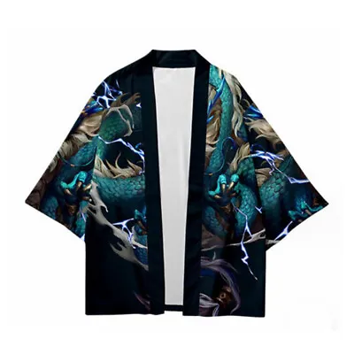 Men Loose Japanese Kimono Coat Dragon Cardigan Jacket Yukata Open Front Bathrobe • $21.99