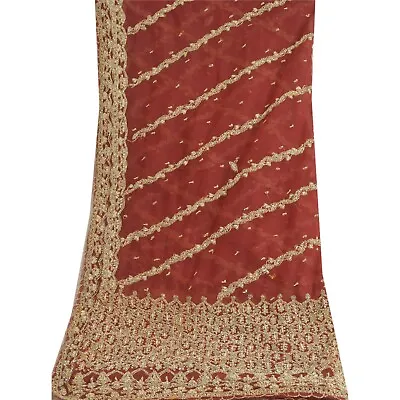 Sanskriti Vintage Long Dupatta Net Mesh Red Hand Beaded Zardozi Wedding Stole • $95