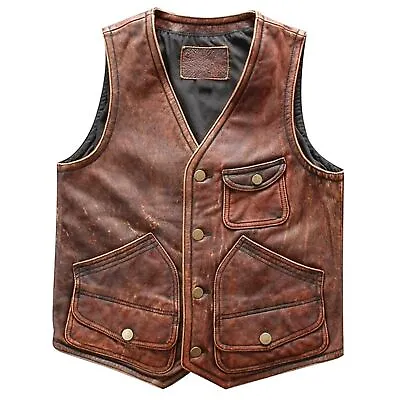 Mens Vintage Tan Brown Biker Waistcoat Motorcycle Casual Leather Vest • £28.99