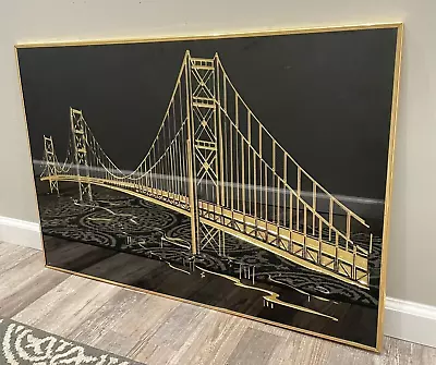 Vintage MCM Framed Japanese Bridge Black Gold Foil Art 36 X 24 Large • $195