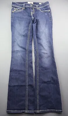 Women's MEK Denim Jeans Chicago Boot Cut Flap Pocket Dark Sz 27x34 (Meas 30x32) • $40