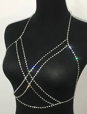 £6.99 • Buy UK BNWT Silver Diamante Rhinestone Plunge Body Harness Crystal Bikini Bra Chain 