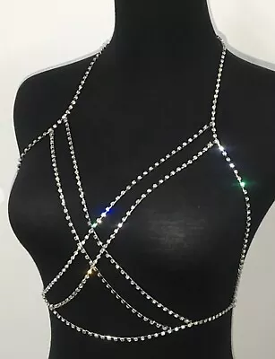 UK BNWT Silver Diamante Rhinestone Plunge Body Harness Crystal Bikini Bra Chain  • £6.99