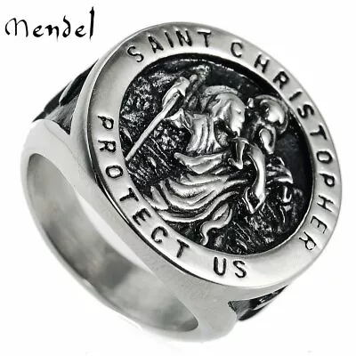 MENDEL Mens Stainless Steel Catholic Signet St Saint Christopher Ring Size 7-15 • $13.99