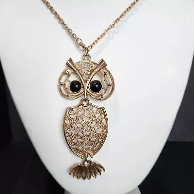 Vtg 1970s Sarah Coventry Goldtone Nite Owl Black Eyes Pendant Necklace Goldtone • $10.95