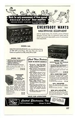 QST Ham Radio Magazine Print Ad Central Electronics MULTIPHASE EQUIPMENT(2/1955) • $11.14