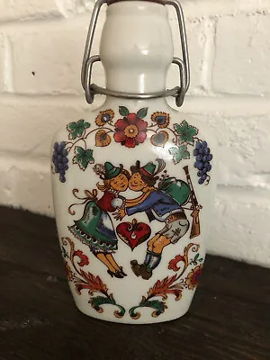$24.95 • Buy German Porcelain Colorful Flask With Kissing Couple Heart Floral Folk