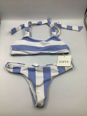 ZAFUL High Leg Bikini Bottom & Bikini Top Sz 8 NWOT White & Blue Striped • £10.90