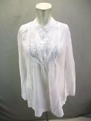 Monoreno Size L Womens White Cotton Tencel Long Sleeve Front Button Shirt 7OR424 • $10
