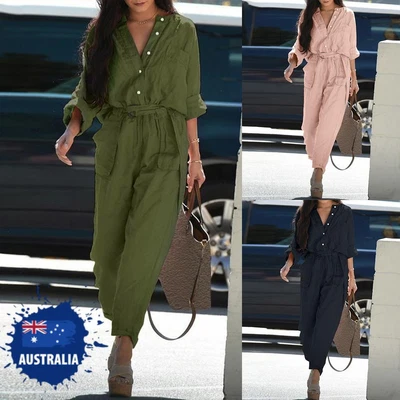 $34.99 • Buy Plus Size Womens Cotton Linen Jumpsuit Ladies Button Long Sleeve Romper Pants