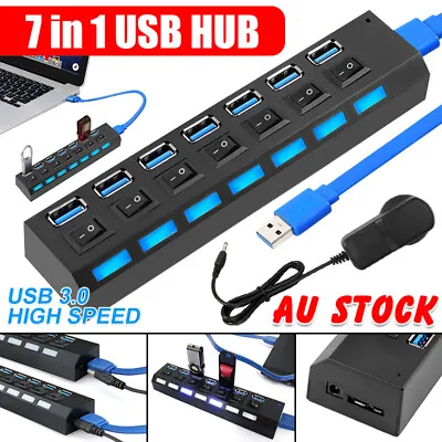 $18.45 • Buy 7 Port USB HUB 3.0 High Speed Powered AC Adapter Cable Splitter Extender On/Off