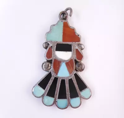 Zuni Sterling Silver Inlay Stone Mosaic Shaman Medicine Man Turquoise Pendant • $9.99