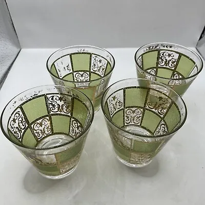 MCM Green Prado CULVER Barware Glass 22k Gold Lowball Rocks Whiskey Set Of 4 • $46.37