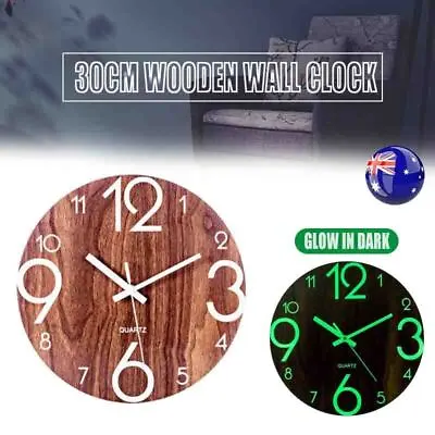 $17.40 • Buy Glow In Dark Wall Clock Luminous Quartz Wooden Non Ticking Home Decor 12''/30cm